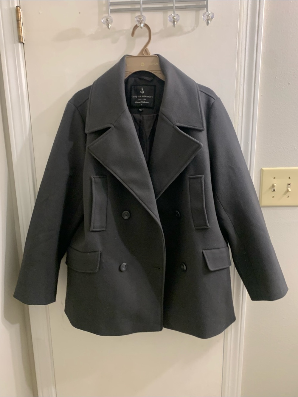 Love for Humanity Grey Double-Breasted Wool-Blend Pea Coat